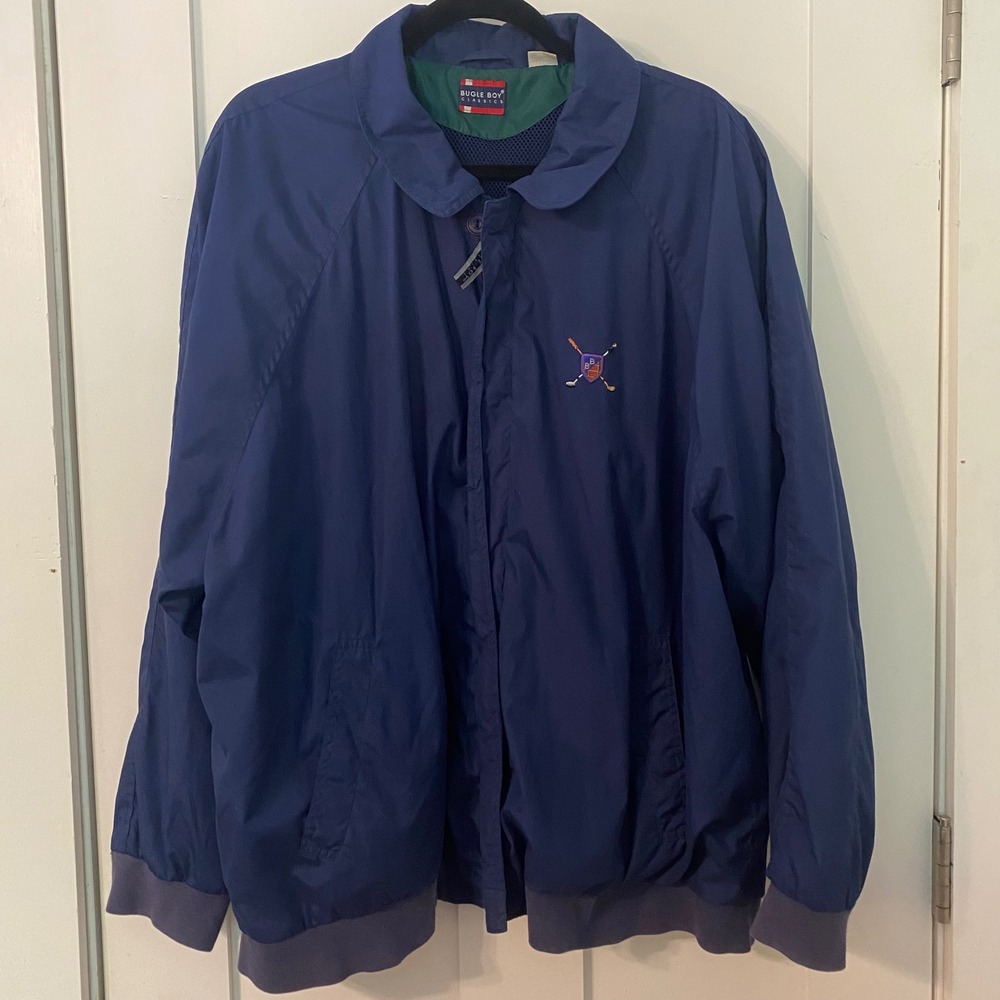 VTG Bugle Boy Classics Men Navy Blue Golf Windbreaker Jacket Embroidered Crest L